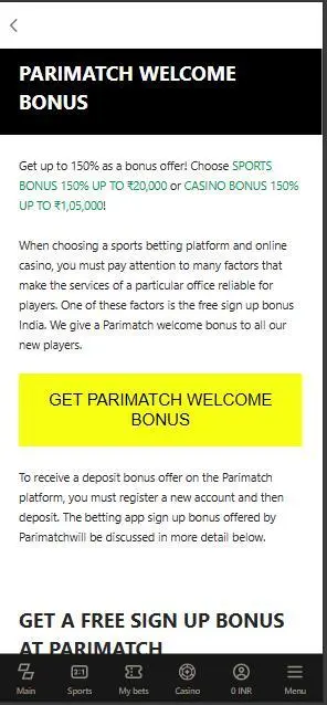 Welcome bonus promotion on Parimatch mobile