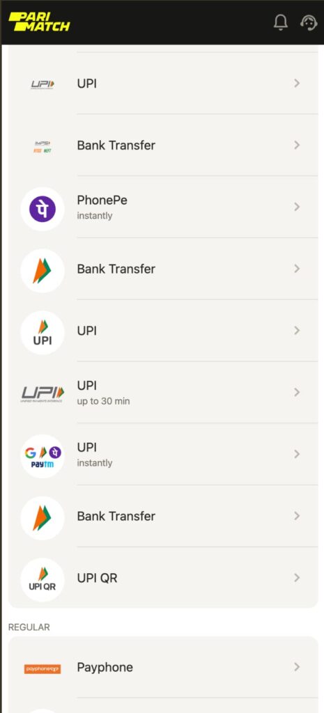 Deposit options displayed on Parimatch app