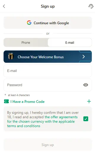 Quick registration process on Parimatch mobile