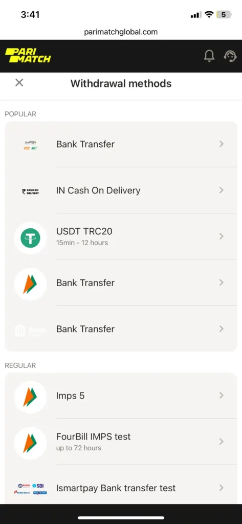 Withdrawal methods at Parimatch India