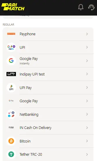 Deposit options at Parimatch