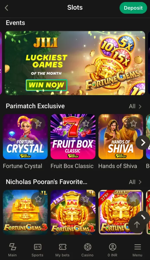 Enjoy slots at Parimatch India