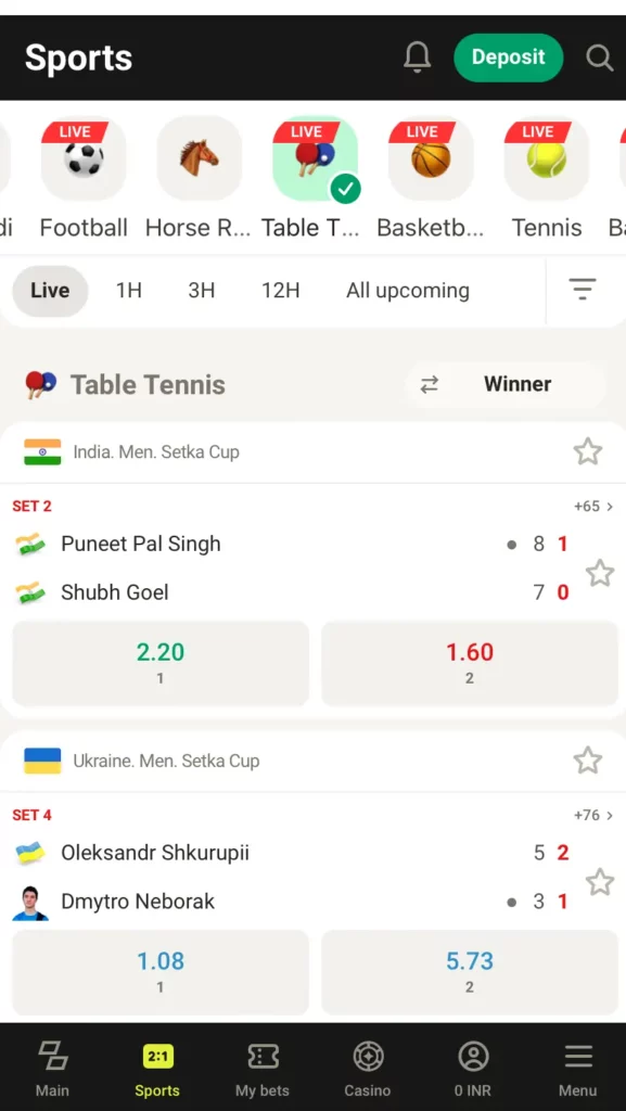 Table tennis betting at Parimatch