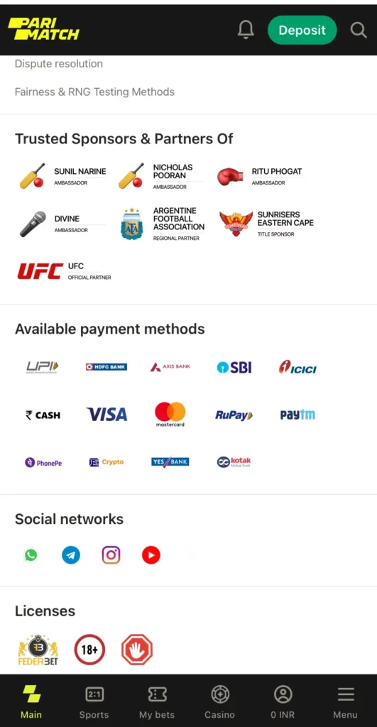 Payment methods at Parimatch India