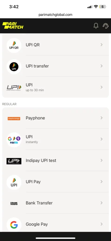 Withdrawal methods at Parimatch India