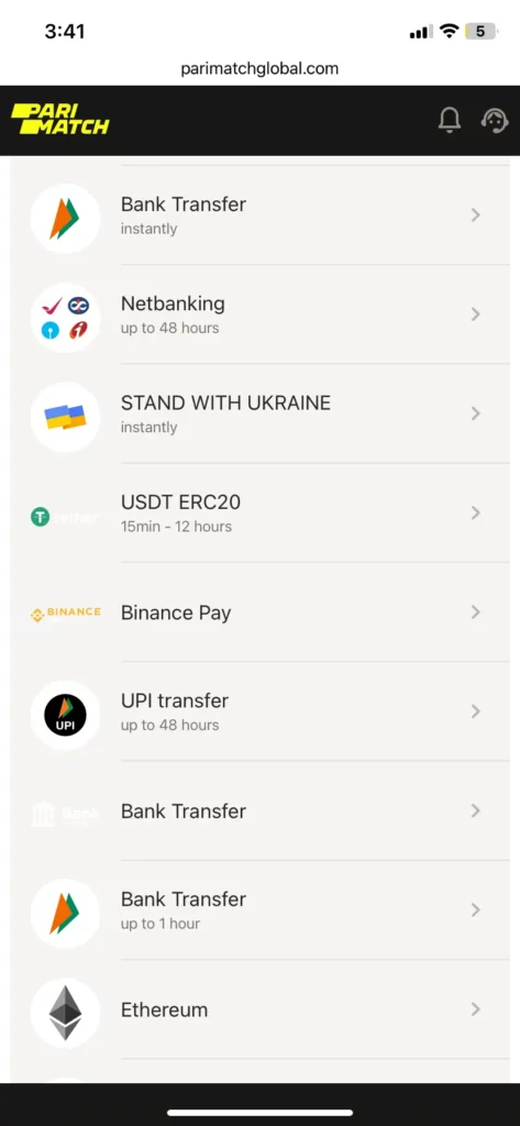 Withdrawal methods at Parimatch India