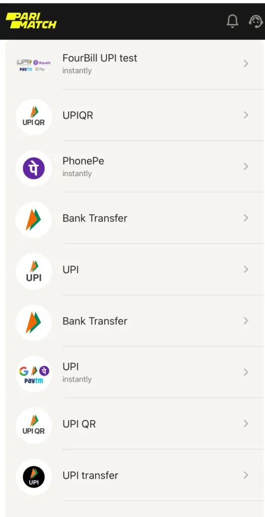 Deposit methods at Parimatch India