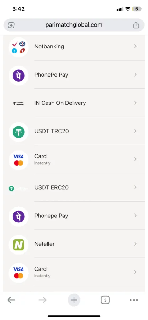 Deposit methods at Parimatch India