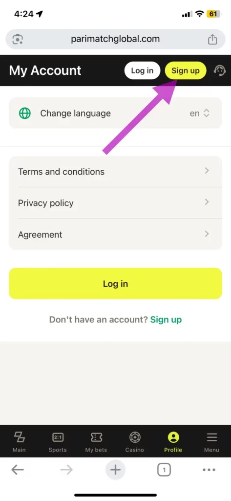 Sign Up at Parimatch India