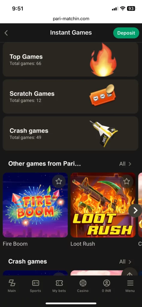 Instant casino games at Parimatch