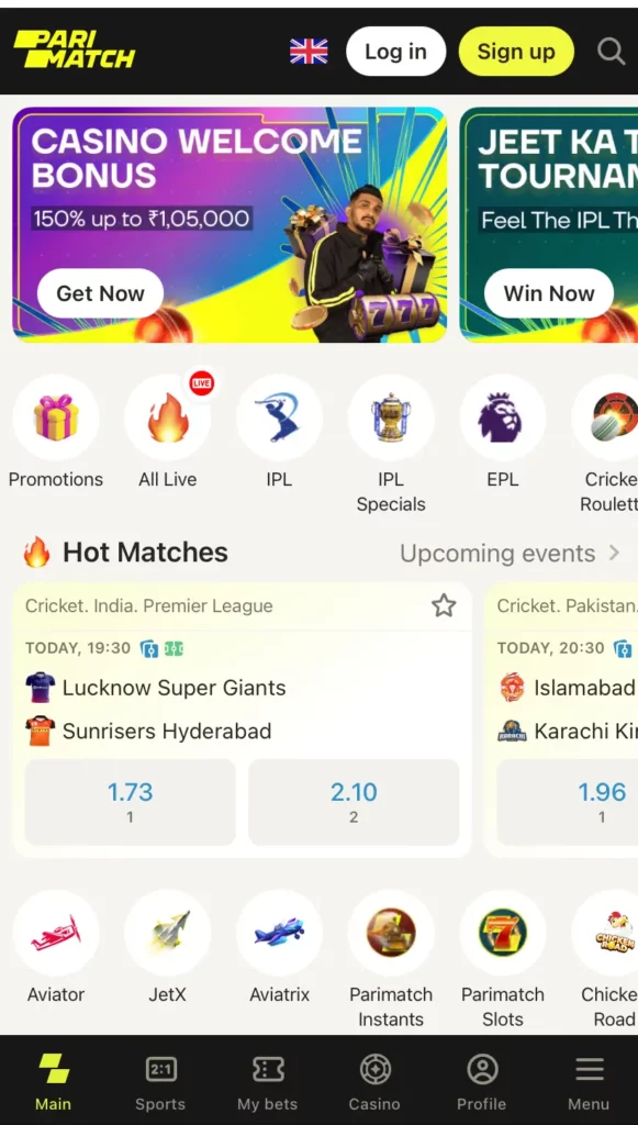 Home page at Parimatch India