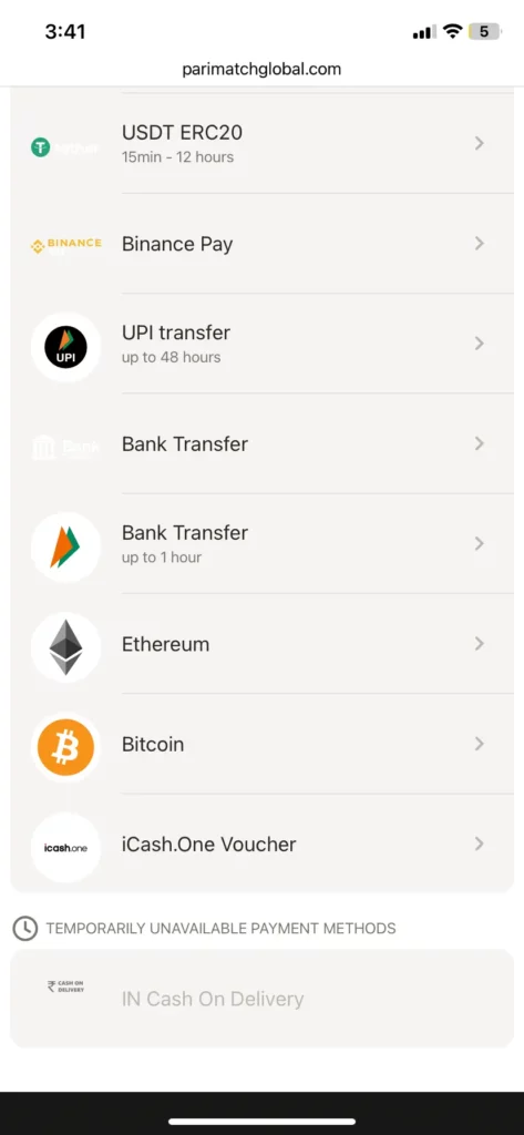 Withdrawal methods at Parimatch India