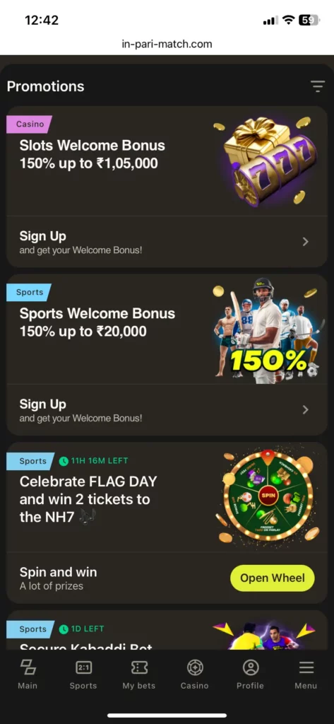 Welcome Bonuses at Parimatch India