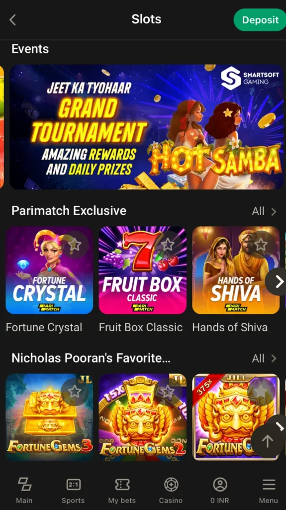 Different types of slots at Parimatch India