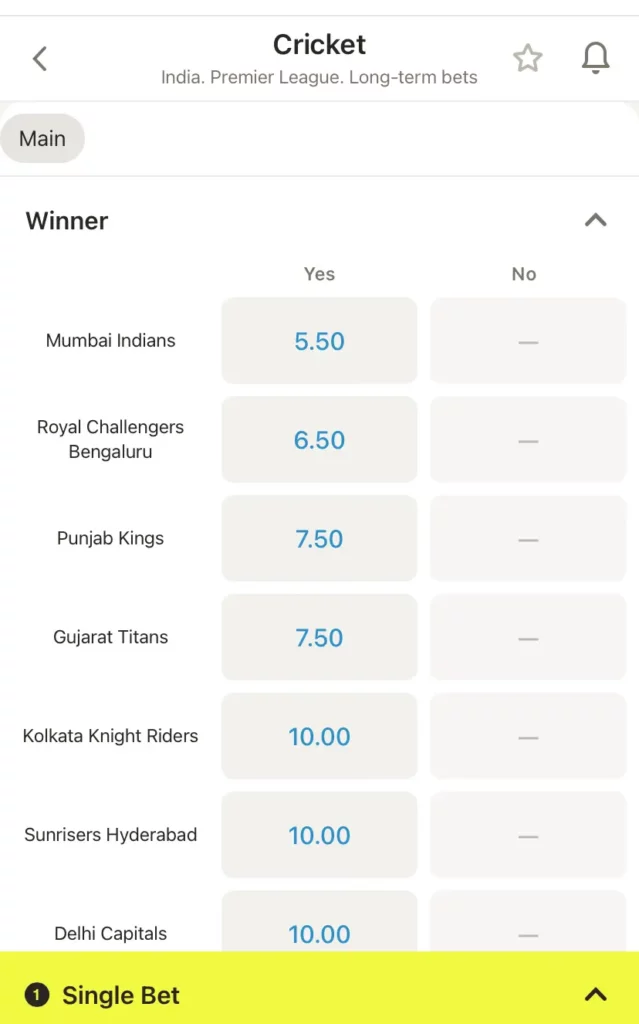 IPL betting on Parimatch