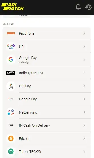 Select payment method for deposit 