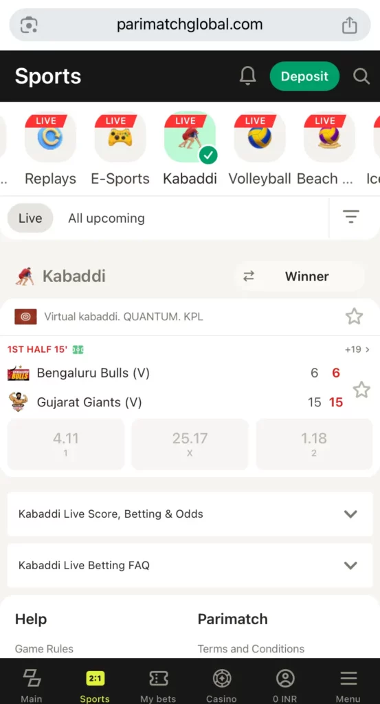 Bet on Kabaddi at Parimatch