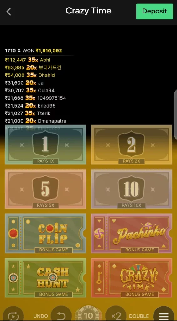 Crazy Time Game Menu