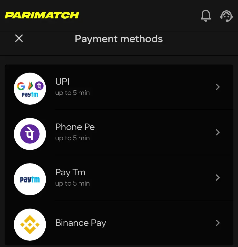 Payment Methods Parimatch