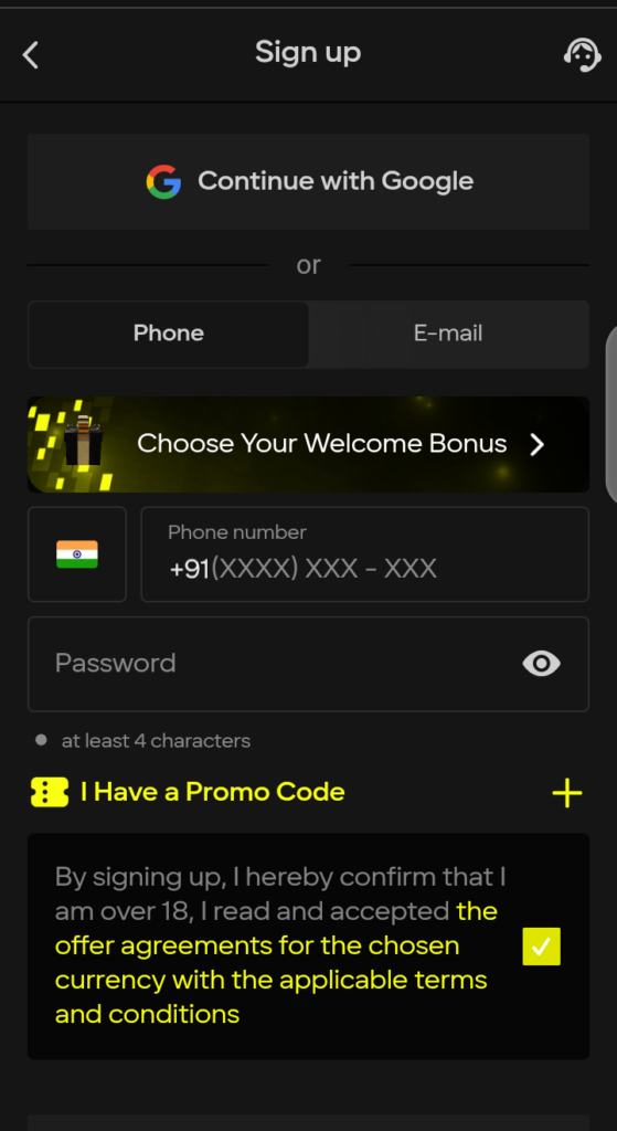 Parimatch signup page