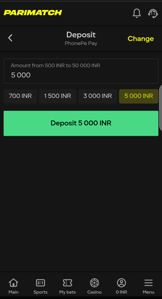 Parimatch deposit page