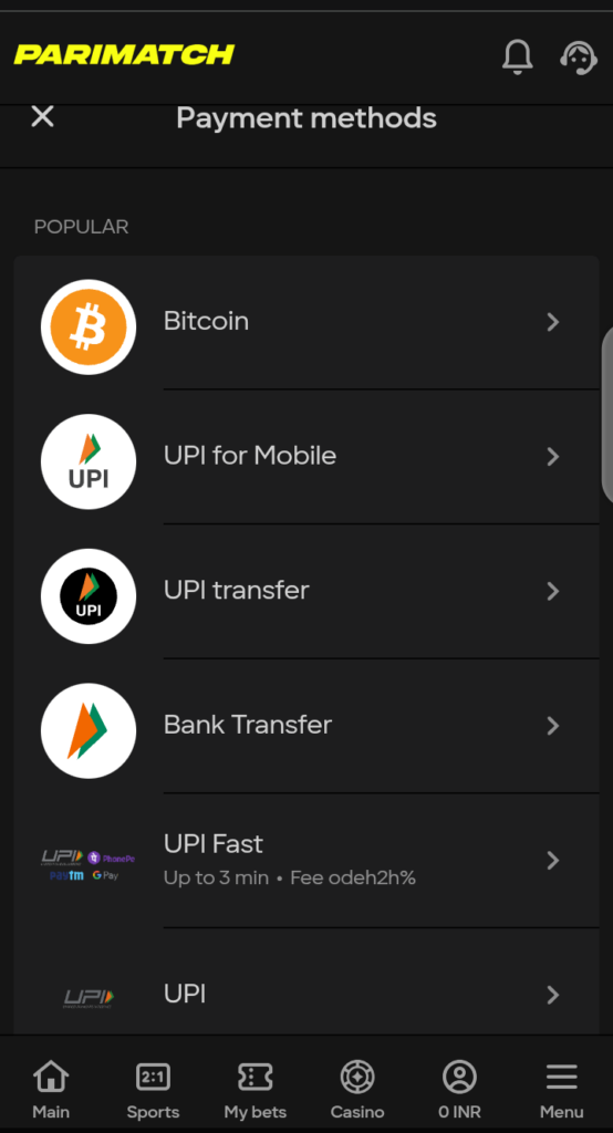 Parimatch deposit page