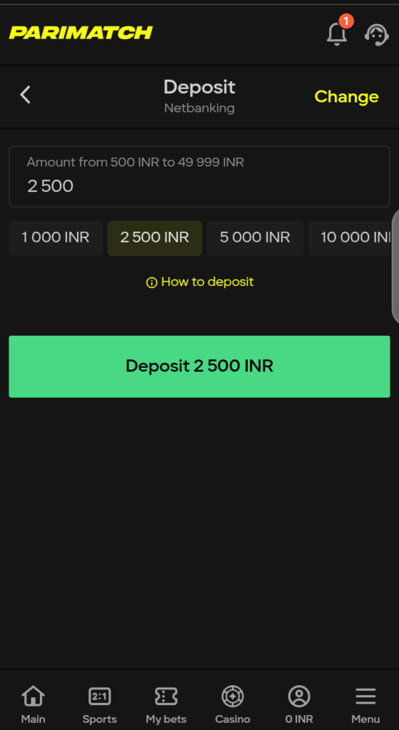 Deposit page on Parimatch