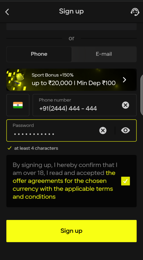 Parimatch registration page