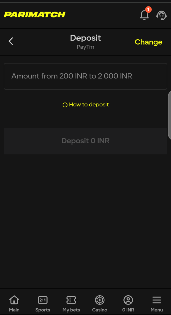 Parimatch deposit page