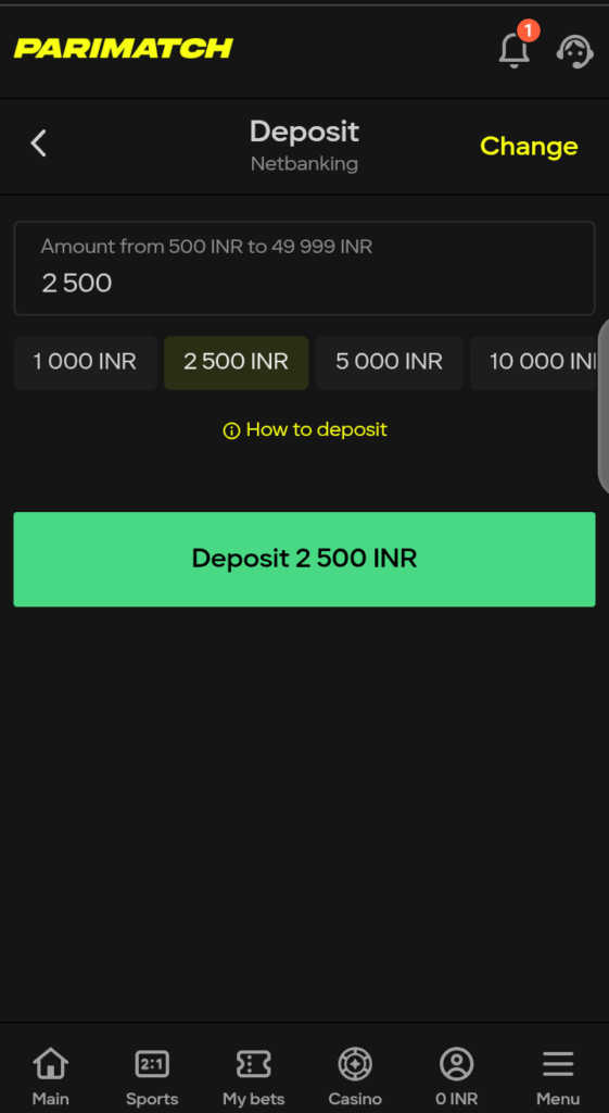 Parimatch deposit page