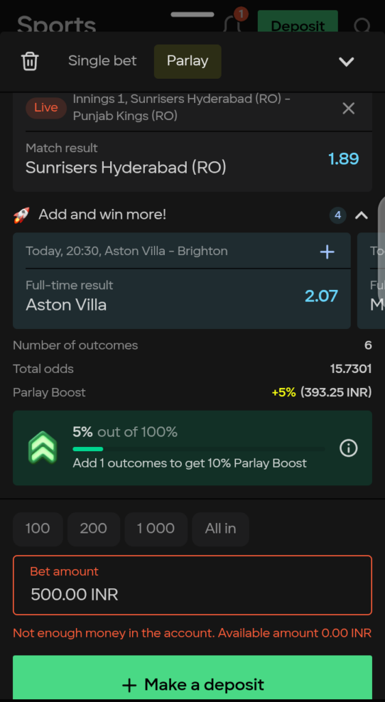 Parimatch betting slip