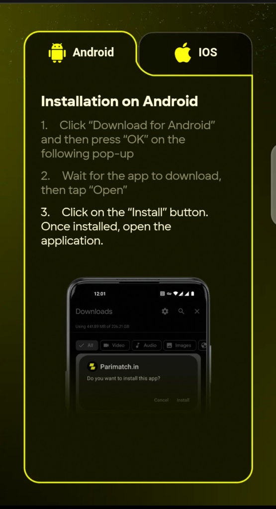Parimatch app download page