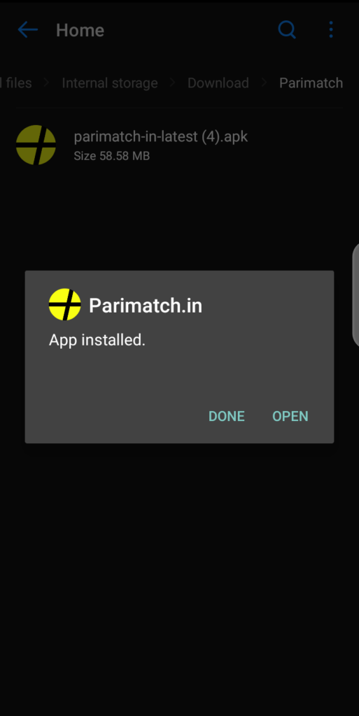 Parimatch app installation complete