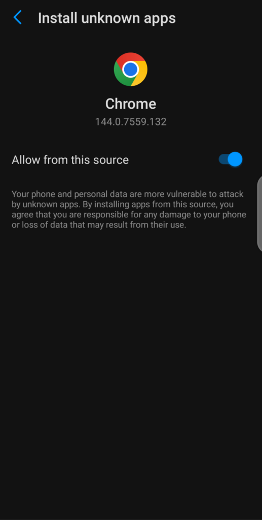 Android setting for unknown apps