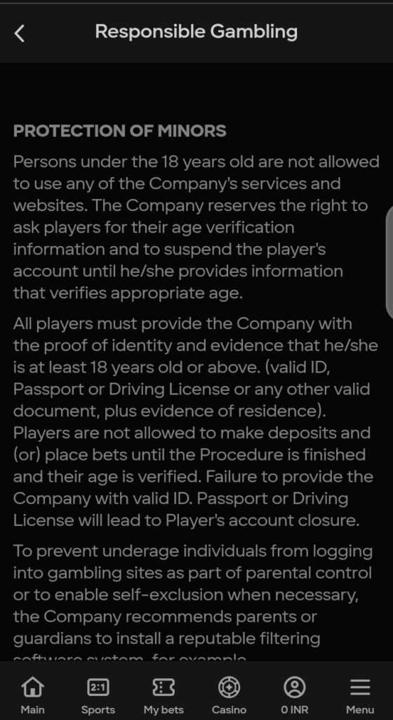 Responsible gambling page